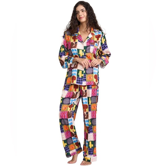 Yini Lulu Sily Satin Animal Print Relaxed Pajama Set Sz M - Picture 1 of 5